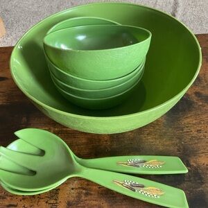 Vintage MCM Avocado Green Faux Woodgrain Pattern Salad Serving Set w/Utensils